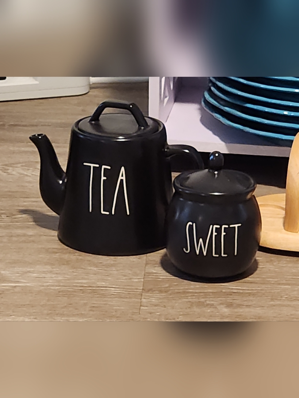 Rae Dunn Artisan Collection TEA pot and SWEET sugar bowl RARE In Black